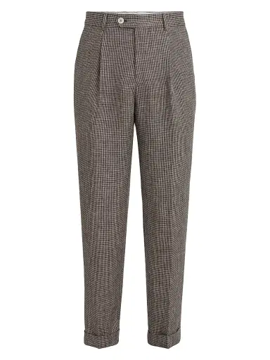 Brunello Cucinelli Men's Linen Houndstooth Trousers with Pleats - Hazelnut - Size 48 | Thumbnail 1