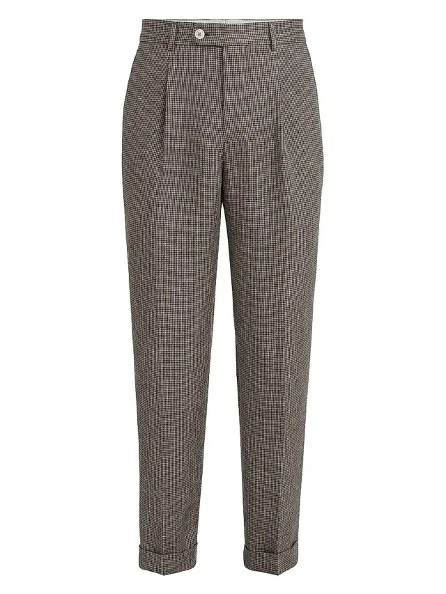 Brunello Cucinelli Men's Linen Houndstooth Trousers with Pleats - Hazelnut