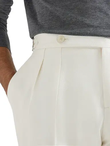 Brunello Cucinelli Men's Silk Diagonal Tuxedo Trousers with Double Pleats - Off White | Thumbnail 4 Brunello Cucinelli Men's Silk Diagonal Tuxedo Trousers with Double Pleats - Off White | Thumbnail 4