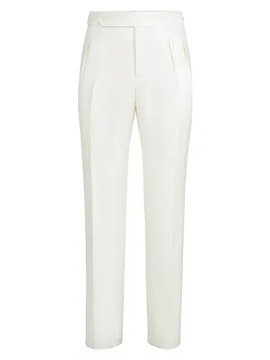 Brunello Cucinelli Men's Silk Diagonal Tuxedo Trousers with Double Pleats - Off White | Thumbnail 1 Brunello Cucinelli Men's Silk Diagonal Tuxedo Trousers with Double Pleats - Off White | Thumbnail 1