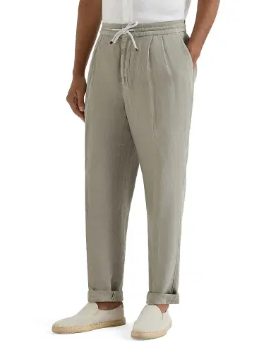 Brunello Cucinelli Men's Trousers in Linen Gabardine with Drawstring and Double Pleats | Thumbnail 2