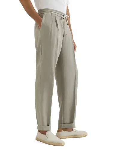 Brunello Cucinelli Men's Trousers in Linen Gabardine with Drawstring and Double Pleats | Thumbnail 3