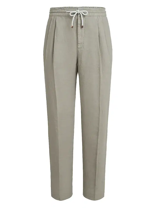 Brunello Cucinelli Men's Trousers in Linen Gabardine with Drawstring and Double Pleats - Khaki
