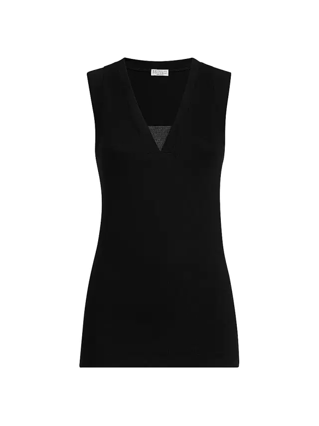 Brunello Cucinelli Women's Stretch Cotton Jersey T-Shirt with Precious Faux Layering - Black