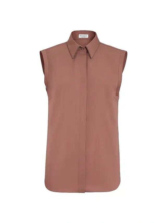 Brunello Cucinelli Women's Stretch Cotton Poplin Sleeveless Shirt with Shiny Trim - Brown