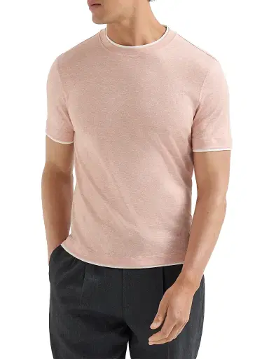 Brunello Cucinelli Men's Linen and Cotton Jersey Crew Neck T-Shirt with Faux Layering - Apricot | Thumbnail 2