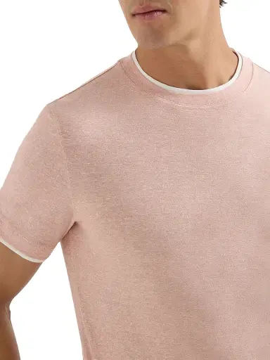 Brunello Cucinelli Men's Linen and Cotton Jersey Crew Neck T-Shirt with Faux Layering - Apricot | Thumbnail 4