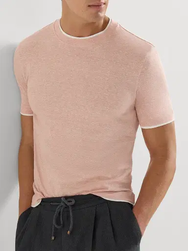 Brunello Cucinelli Men's Linen and Cotton Jersey Crew Neck T-Shirt with Faux Layering - Apricot | Thumbnail 5