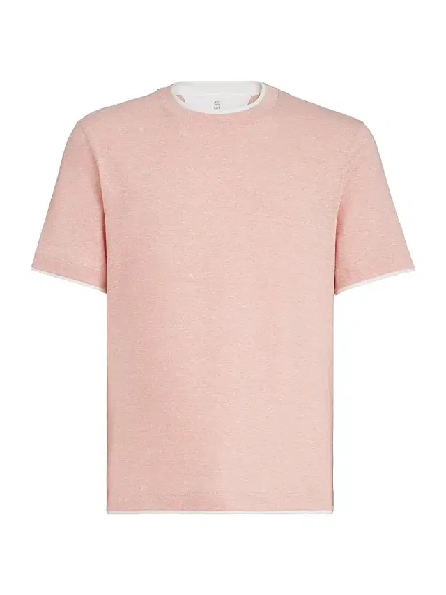 Brunello Cucinelli Men's Linen and Cotton Jersey Crew Neck T-Shirt with Faux Layering - Apricot