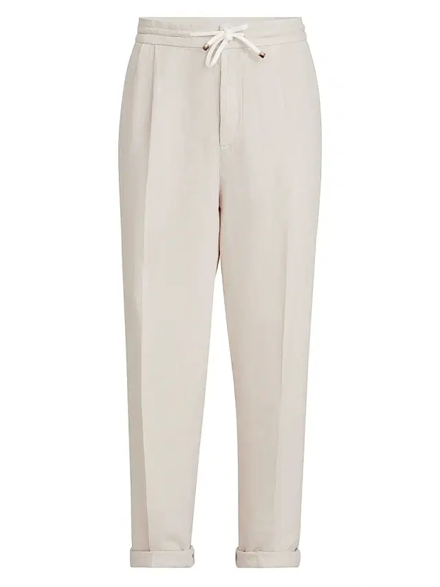 Brunello Cucinelli Men's Trousers in Linen Gabardine with Drawstring and Double Pleats