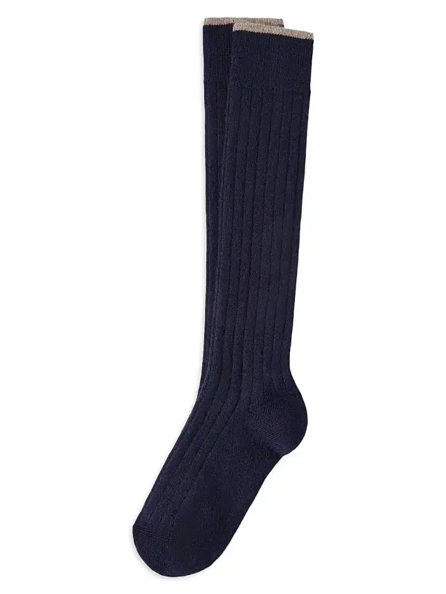 Brunello Cucinelli Men's Cashmere Rib Knit Socks - Navy Blue