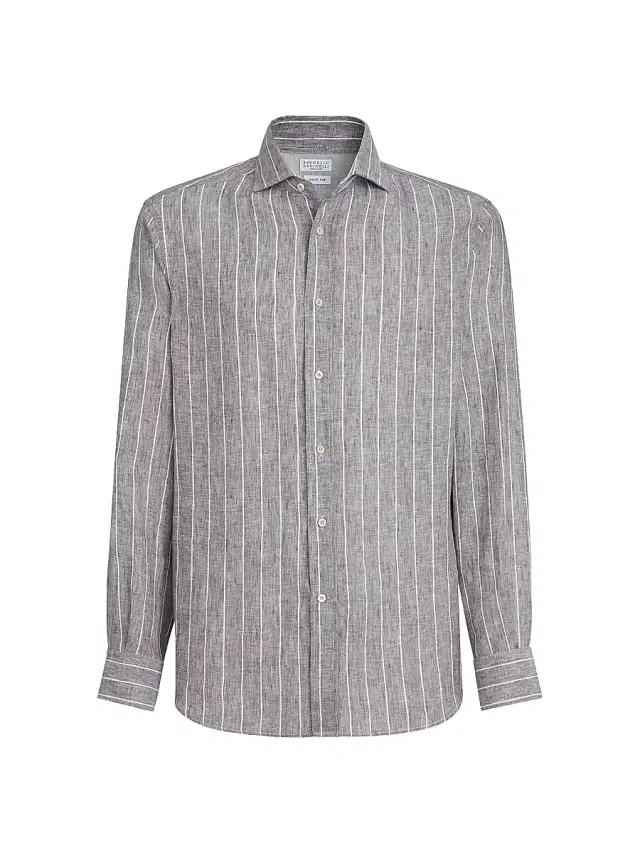 Brunello Cucinelli Men's Chalk Stripe Linen Easy Fit Shirt with Spread Collar - Hazelnut