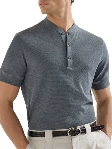 Brunello Cucinelli Men's Cotton Waffle Jersey T-Shirt with Henley Collar - Grey | Thumbnail 4