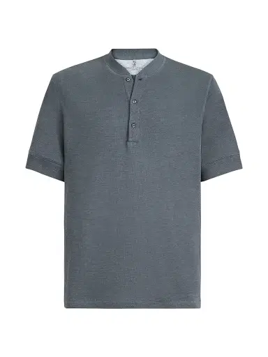Brunello Cucinelli Men's Cotton Waffle Jersey T-Shirt with Henley Collar - Grey | Thumbnail 1