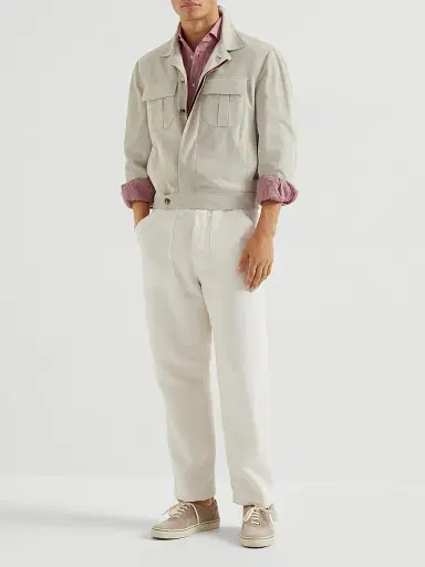 Brunello Cucinelli Men's Linen and Cotton Drill Trousers with Patch Pockets and Drawstring | Thumbnail 6 Brunello Cucinelli Men's Linen and Cotton Drill Trousers with Patch Pockets and Drawstring | Thumbnail 6