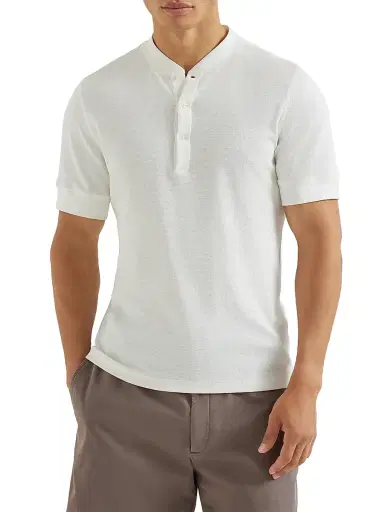 Brunello Cucinelli Men's Cotton Waffle Jersey T-Shirt with Henley Collar - Off White | Thumbnail 2 Brunello Cucinelli Men's Cotton Waffle Jersey T-Shirt with Henley Collar - Off White | Thumbnail 2