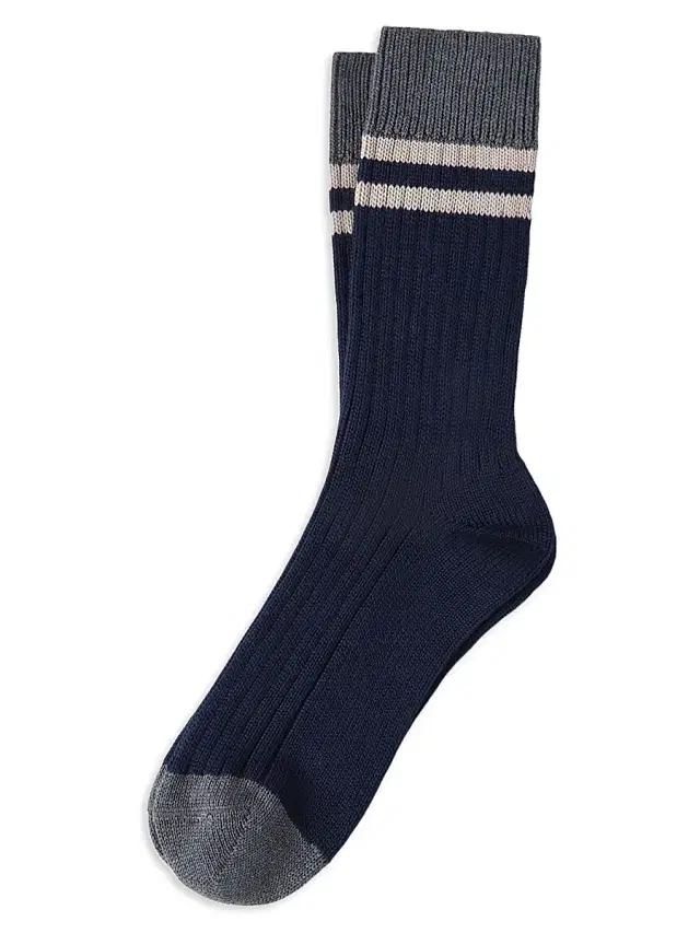 Brunello Cucinelli Men's Cotton Socks with Stripes - Navy Blue