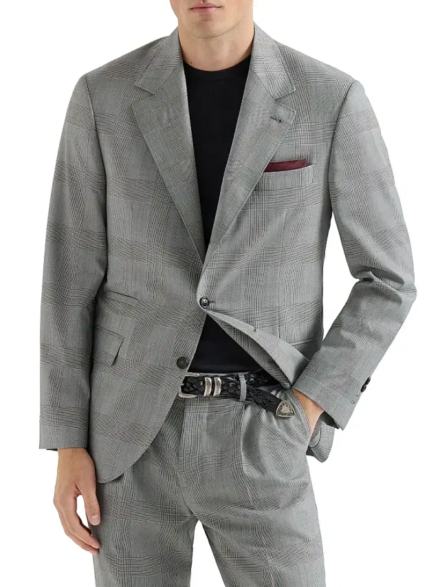 Brunello Cucinelli Men's Super 150s Virgin Wool Prince of Wales Jacket - Grey