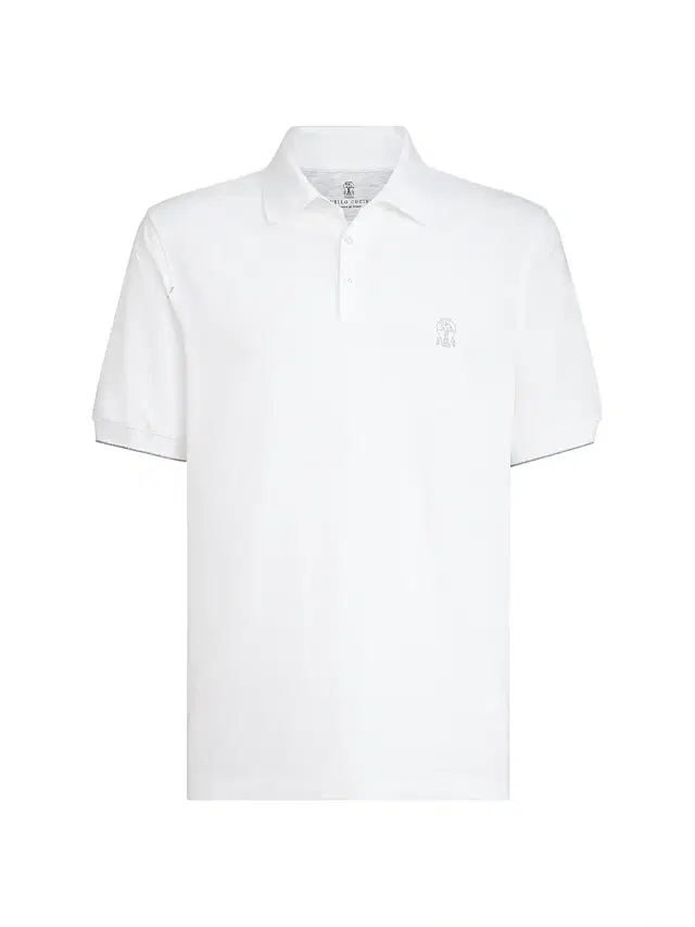 Brunello Cucinelli Men's Cotton Piqué Polo Shirt with Logo - White