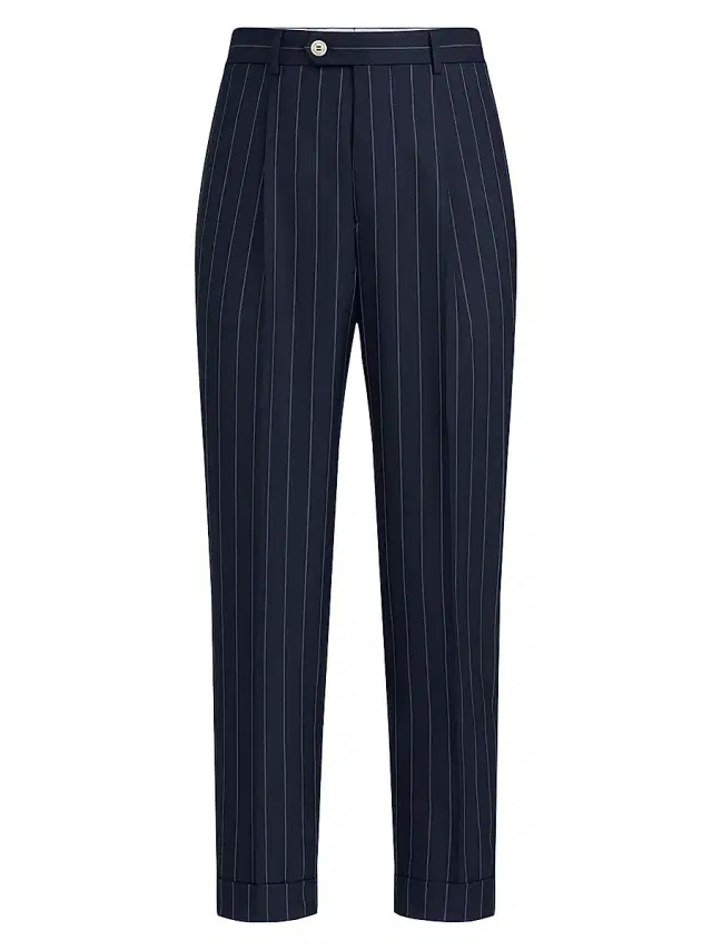 Brunello Cucinelli Men's Super 150s Virgin Wool Wide Chalk Stripe Batavia Trousers with Pleats - Blue