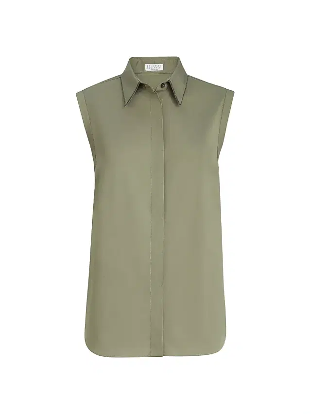 Brunello Cucinelli Women's Stretch Cotton Poplin Sleeveless Shirt with Shiny Trim - Green