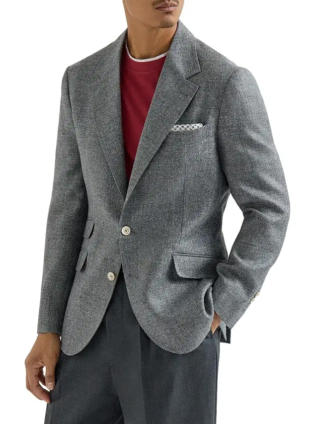 Brunello Cucinelli Men's Silk, Linen and Wool Hopsack Deconstructed Cavallo Blazer - Medium Grey