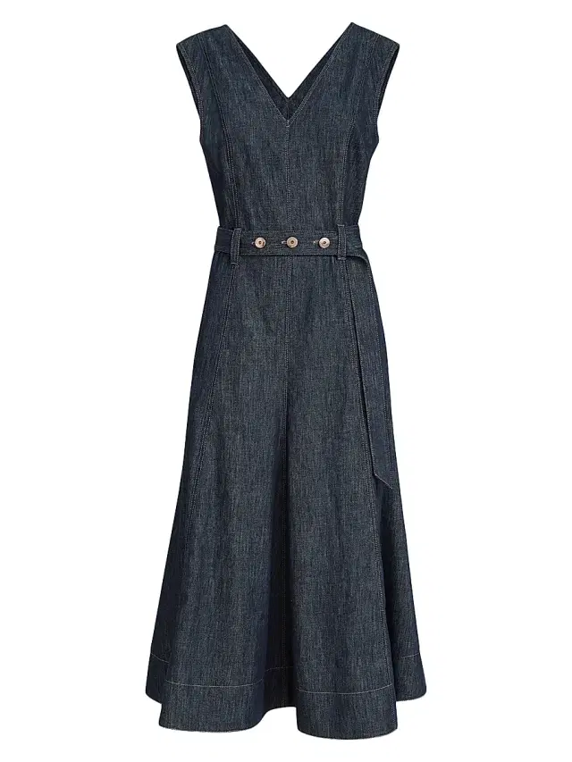 Brunello Cucinelli Women's Cotton Denim Effect Twill Flared Dress with Belt and Monili - Denim - Size XXXL