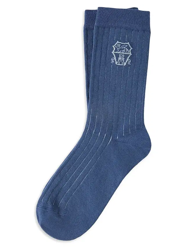 Brunello Cucinelli Men's Cotton Chalk Stripe Effect Socks With Logo - Denim