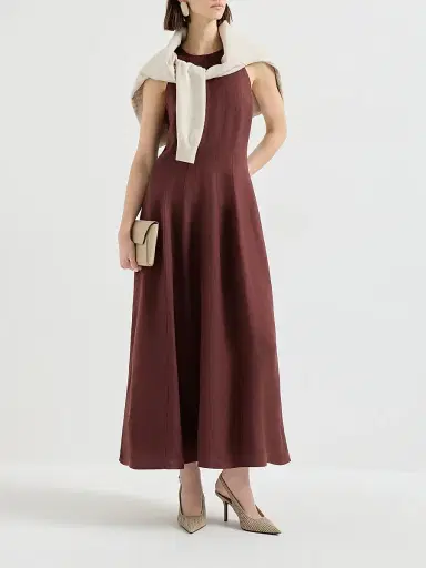 Brunello Cucinelli Women's Viscose and Linen Fluid Twill Dress - Bordeaux - Size XL | Thumbnail 6 Brunello Cucinelli Women's Viscose and Linen Fluid Twill Dress - Bordeaux - Size XL | Thumbnail 6