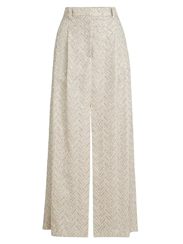 Brunello Cucinelli Women's Dazzling Maxi Chevron Embroidery Sartorial Skirt in Linen - Beige