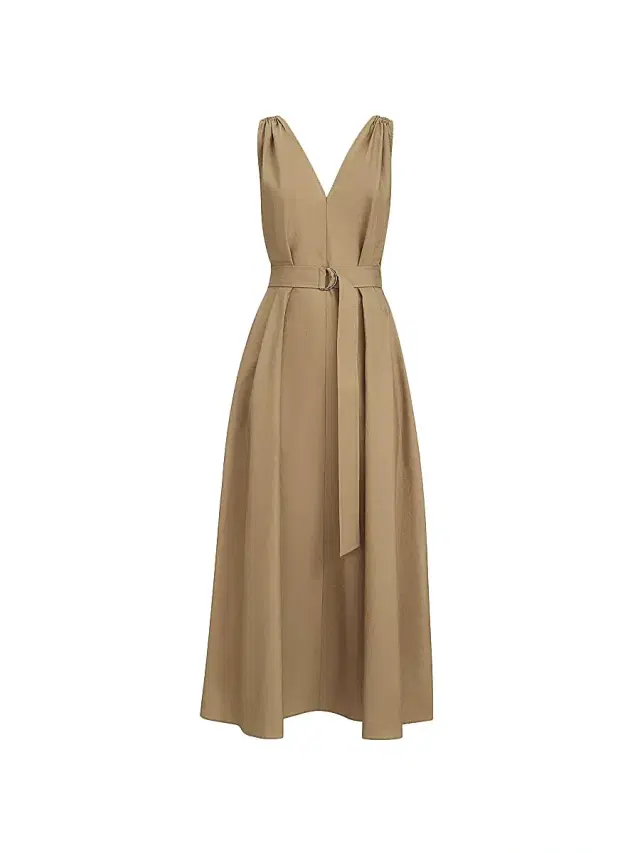 Brunello Cucinelli Women's Techno Cotton Poplin Belted Dress with Precious Shoulder Detail - Sand