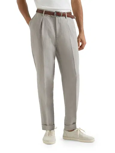 Brunello Cucinelli Men's Garment Dyed Trousers in Linen Gabardine with Pleats | Thumbnail 2 Brunello Cucinelli Men's Garment Dyed Trousers in Linen Gabardine with Pleats | Thumbnail 2