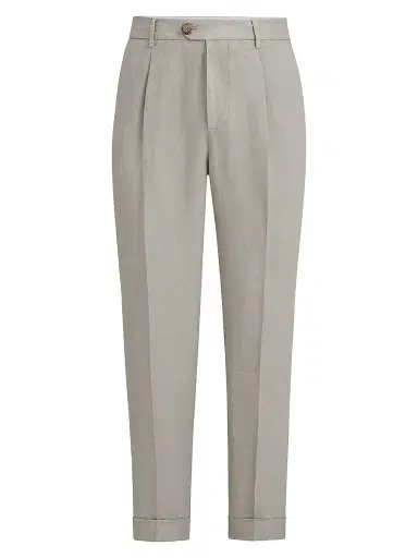 Brunello Cucinelli Men's Garment Dyed Trousers in Linen Gabardine with Pleats | Thumbnail 1 Brunello Cucinelli Men's Garment Dyed Trousers in Linen Gabardine with Pleats | Thumbnail 1