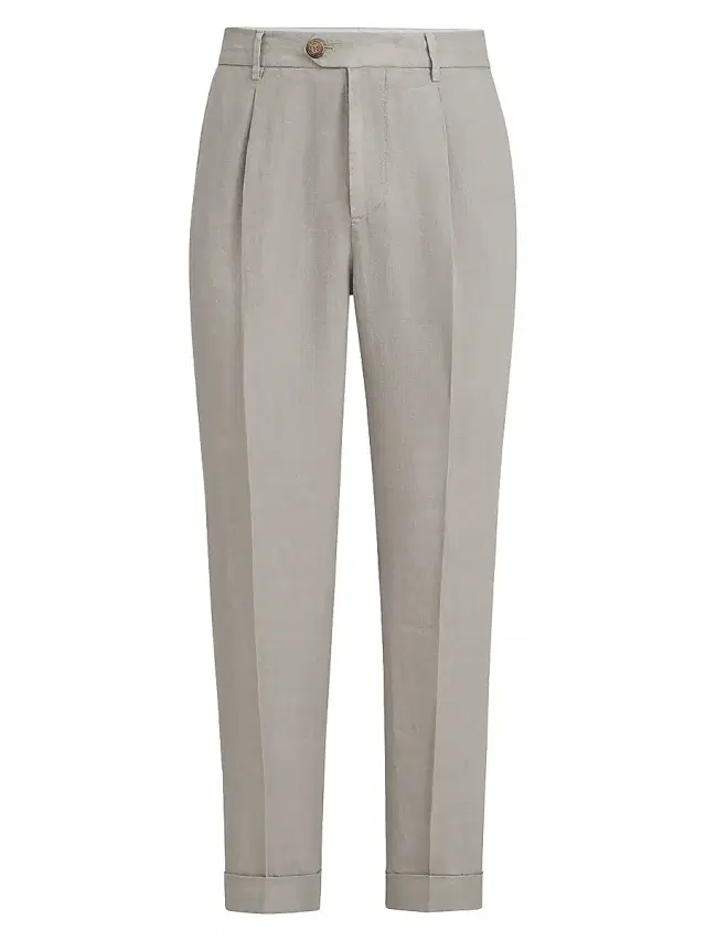 Brunello Cucinelli Men's Garment Dyed Trousers in Linen Gabardine with Pleats