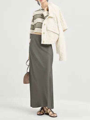 Brunello Cucinelli Women's Satin Cady Fluid Bias Cut Skirt - Olive | Thumbnail 6