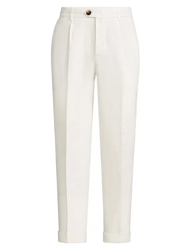 Brunello Cucinelli Men's Garment Dyed Trousers in Linen Gabardine with Pleats