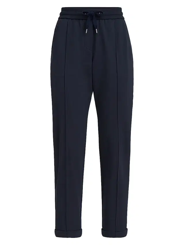 Brunello Cucinelli Women's Stretch Cotton Lightweight French Terry Track Trousers with Monili - Blue - Size XXXXL