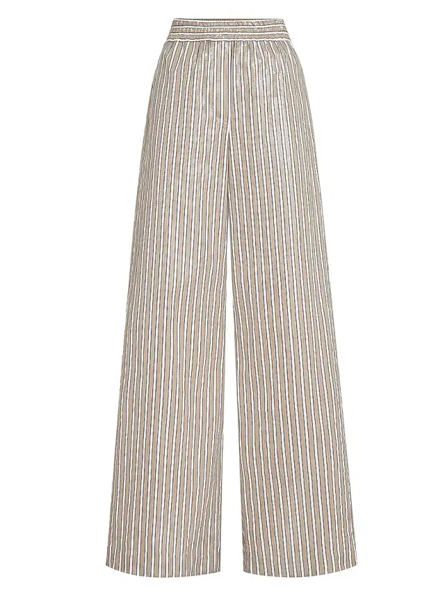 Brunello Cucinelli Women's Dazzling Stripes Pajama Style Trousers in Cotton Poplin - Beige