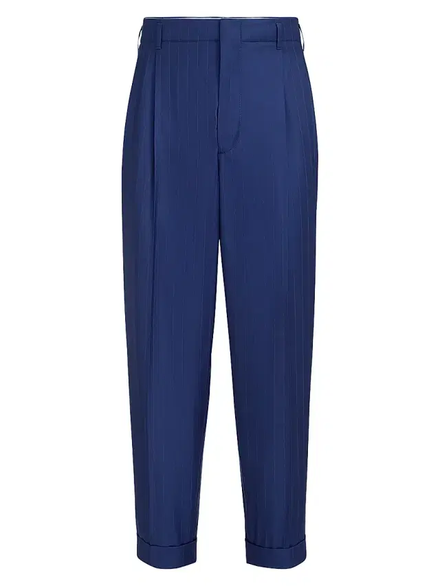 Brunello Cucinelli Men's Virgin Wool Chalk Stripe Batavia Trousers with Double Pleats - Royale Blue