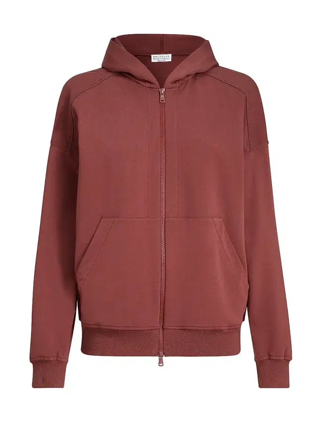 Brunello Cucinelli Women's Stretch Cotton Lightweight French Terry Hooded Sweatshirt - Red
