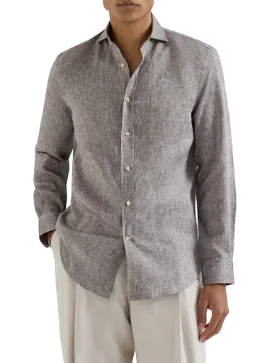 Brunello Cucinelli Men's Linen Easy Fit Shirt with Spread Collar | Thumbnail 2 Brunello Cucinelli Men's Linen Easy Fit Shirt with Spread Collar | Thumbnail 2