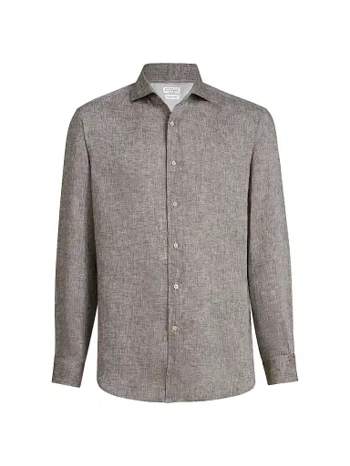 Brunello Cucinelli Men's Linen Easy Fit Shirt with Spread Collar | Thumbnail 1 Brunello Cucinelli Men's Linen Easy Fit Shirt with Spread Collar | Thumbnail 1