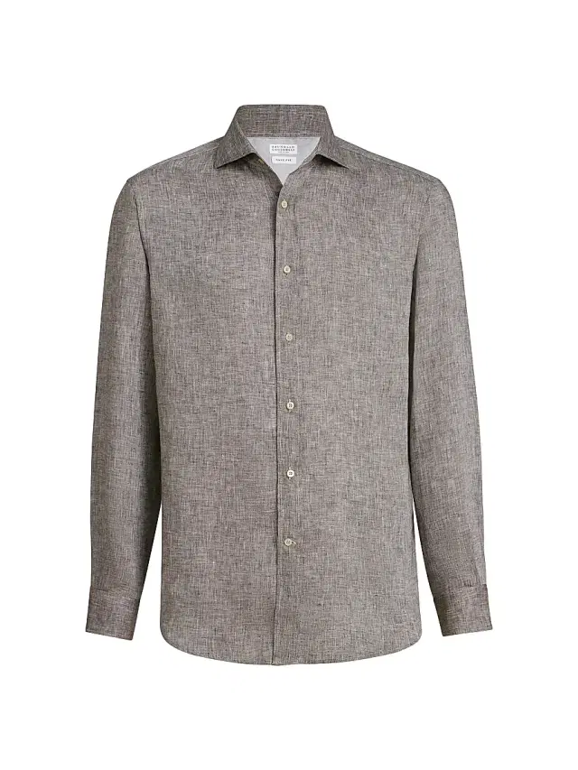 Brunello Cucinelli Men's Linen Easy Fit Shirt with Spread Collar - Hazelnut