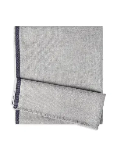 Brunello Cucinelli Men's Wool and Cashmere Diagonal Scarf with Striped Edge - Pearl Grey | Thumbnail 1 Brunello Cucinelli Men's Wool and Cashmere Diagonal Scarf with Striped Edge - Pearl Grey | Thumbnail 1