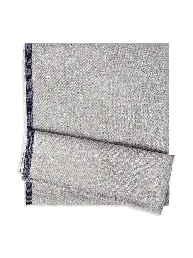 Brunello Cucinelli Men's Wool and Cashmere Diagonal Scarf with Striped Edge - Pearl Grey
