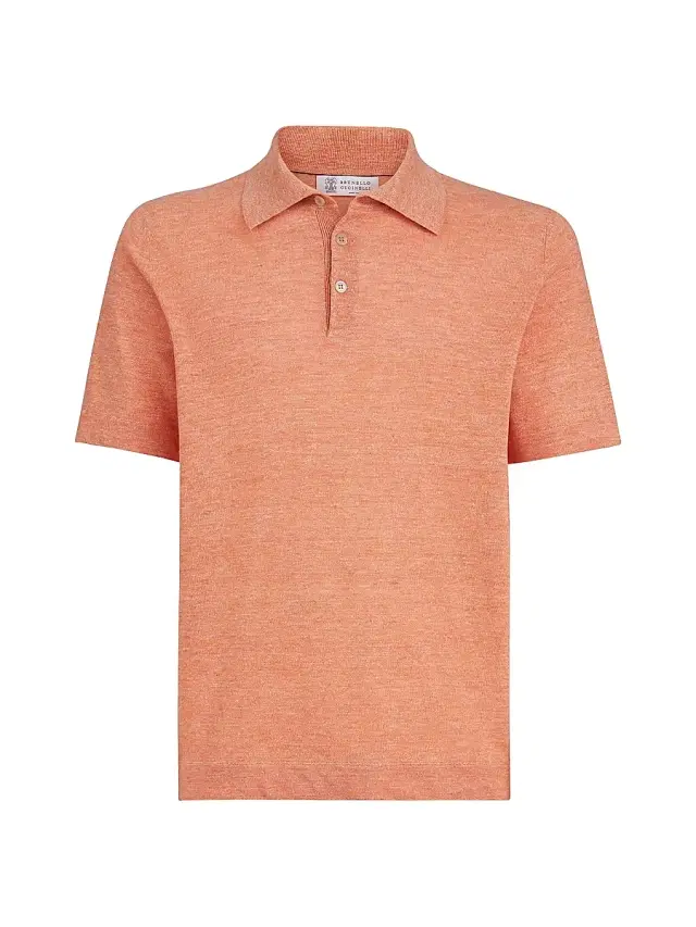 Brunello Cucinelli Men's Linen and Cotton Knit Polo Shirt - Apricot