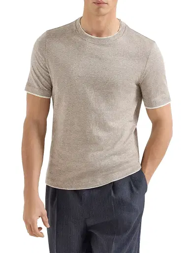 Brunello Cucinelli Men's Linen and Cotton Jersey Crew Neck T-Shirt with Faux Layering - Hazelnut | Thumbnail 2