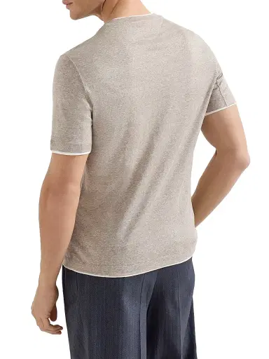 Brunello Cucinelli Men's Linen and Cotton Jersey Crew Neck T-Shirt with Faux Layering - Hazelnut | Thumbnail 3