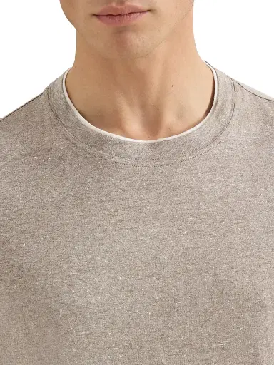 Brunello Cucinelli Men's Linen and Cotton Jersey Crew Neck T-Shirt with Faux Layering - Hazelnut | Thumbnail 4