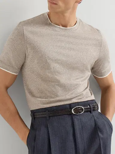 Brunello Cucinelli Men's Linen and Cotton Jersey Crew Neck T-Shirt with Faux Layering - Hazelnut | Thumbnail 5